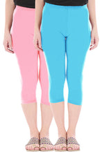 Load image into Gallery viewer, Stylish Cotton Blend Pink &amp; Turquoise Solid Skinny Fit 3/4 Capris Leggings for Women ( Pack Of 2 )