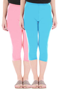 Stylish Cotton Blend Pink & Turquoise Solid Skinny Fit 3/4 Capris Leggings for Women ( Pack Of 2 )