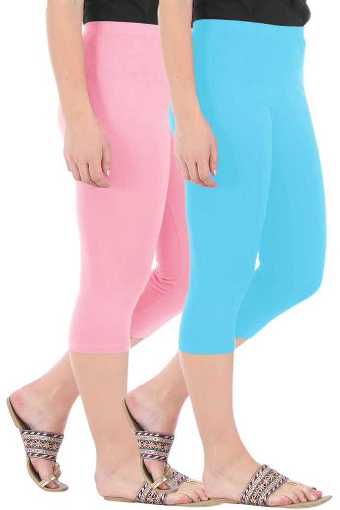 Stylish Cotton Blend Pink & Turquoise Solid Skinny Fit 3/4 Capris Leggings for Women ( Pack Of 2 )