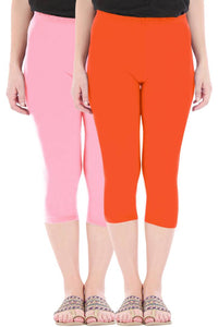 Stylish Cotton Blend Pink & Orange Solid Skinny Fit 3/4 Capris Leggings for Women ( Pack Of 2 )