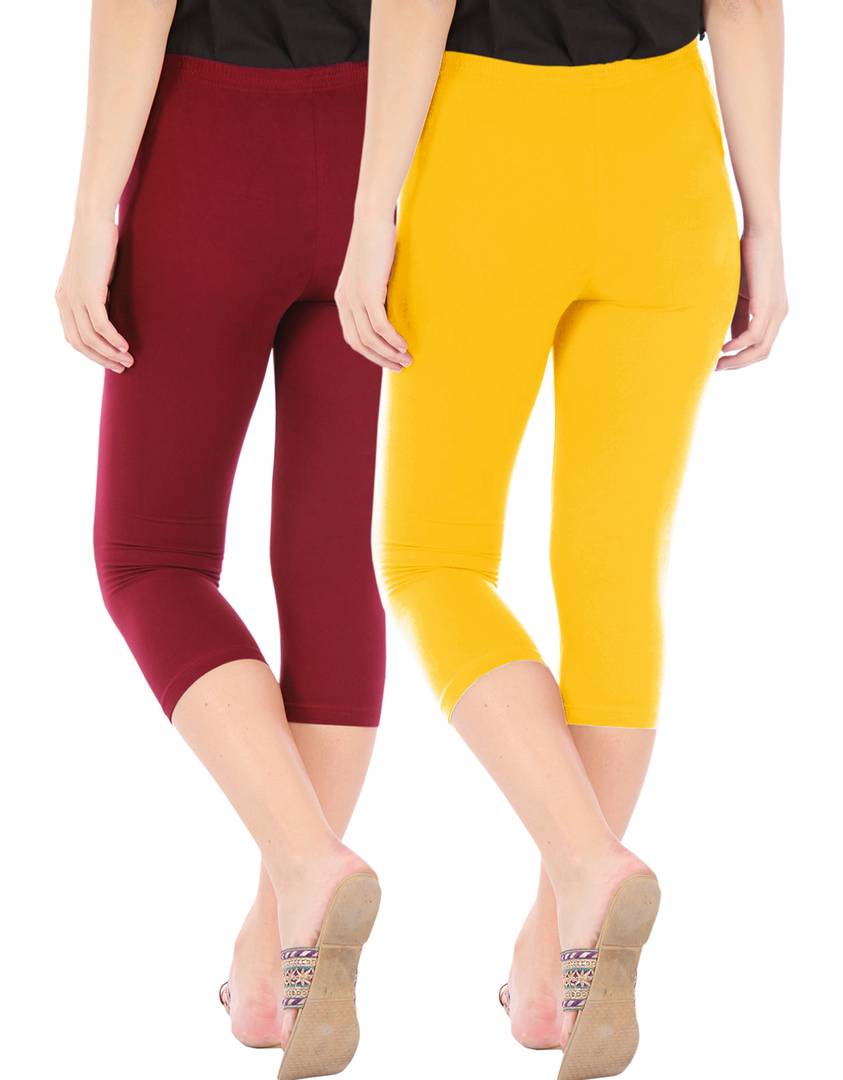 Stunning Cotton Blend Solid Skinny Fit Capris Leggings For Women And Girls - Pack Of 2