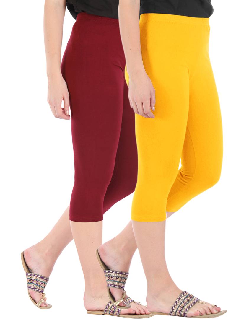 Stunning Cotton Blend Solid Skinny Fit Capris Leggings For Women And Girls - Pack Of 2