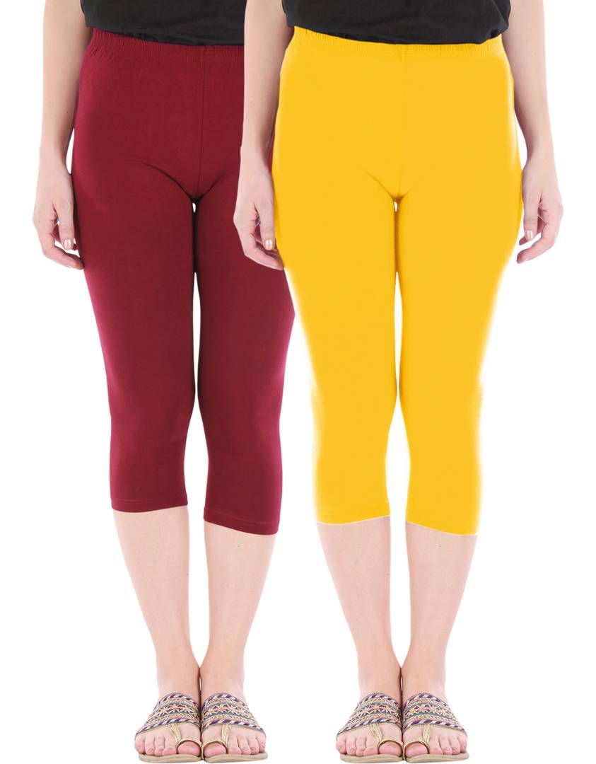 Stunning Cotton Blend Solid Skinny Fit Capris Leggings For Women And Girls - Pack Of 2