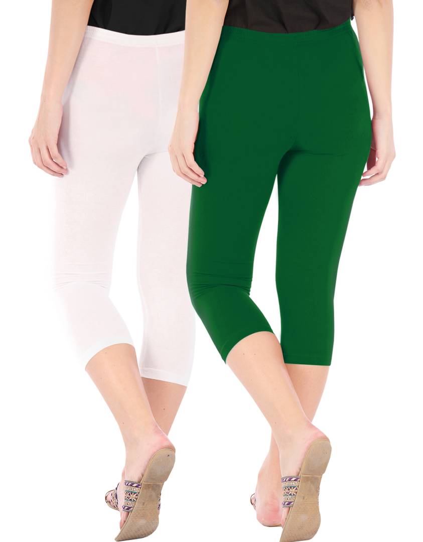 Stunning Cotton Blend Solid Skinny Fit Capris Leggings For Women And Girls - Pack Of 2