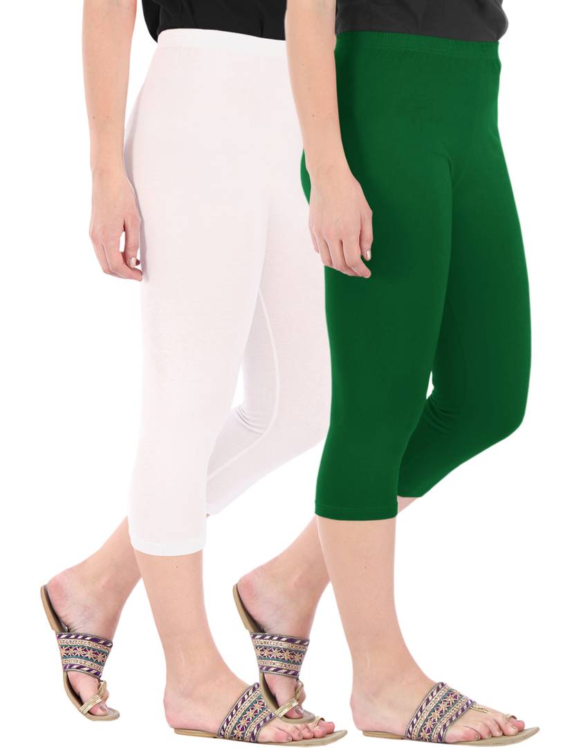 Stunning Cotton Blend Solid Skinny Fit Capris Leggings For Women And Girls - Pack Of 2