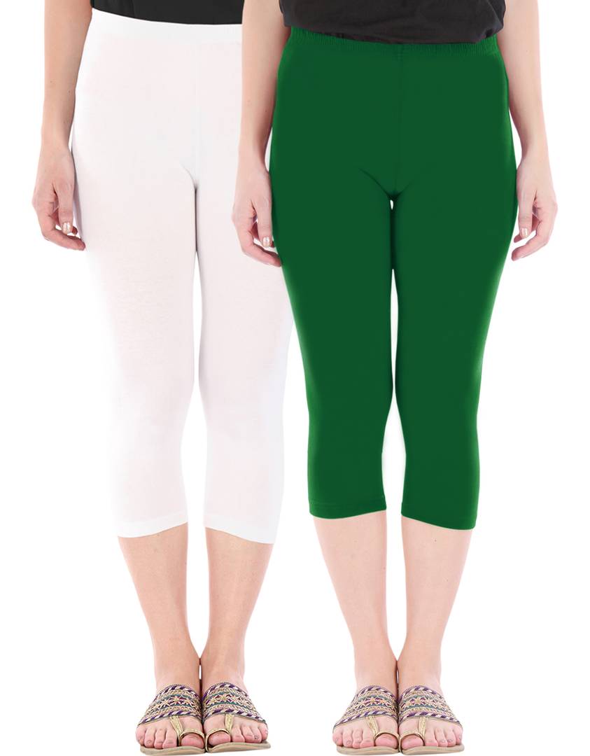 Stunning Cotton Blend Solid Skinny Fit Capris Leggings For Women And Girls - Pack Of 2