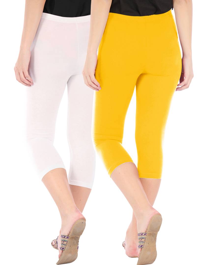 Stunning Cotton Blend Solid Skinny Fit Capris Leggings For Women And Girls - Pack Of 2