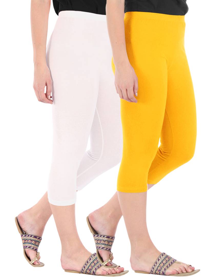 Stunning Cotton Blend Solid Skinny Fit Capris Leggings For Women And Girls - Pack Of 2