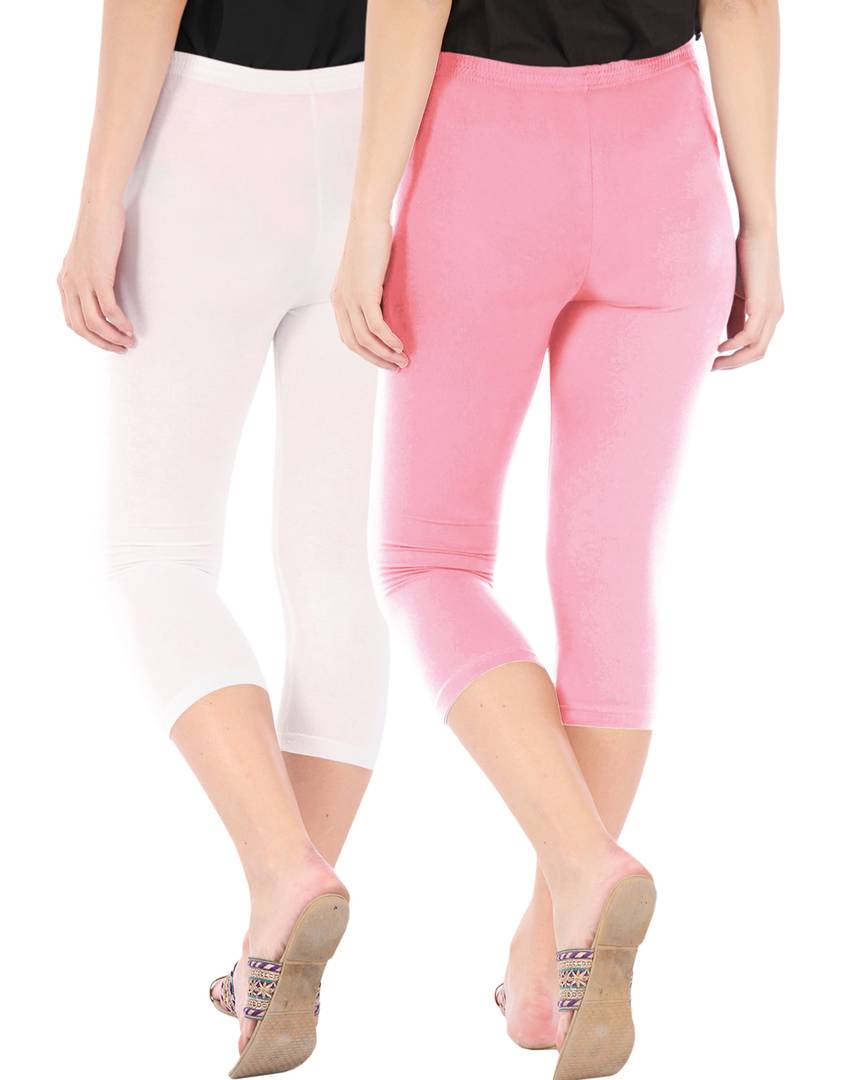 Stunning Cotton Blend Solid Skinny Fit Capris Leggings For Women And Girls - Pack Of 2