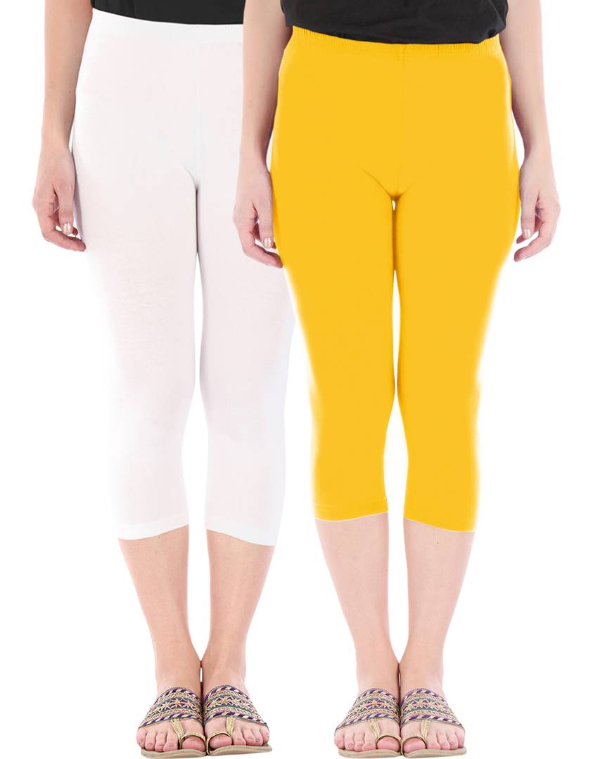 Stunning Cotton Blend Solid Skinny Fit Capris Leggings For Women And Girls - Pack Of 2