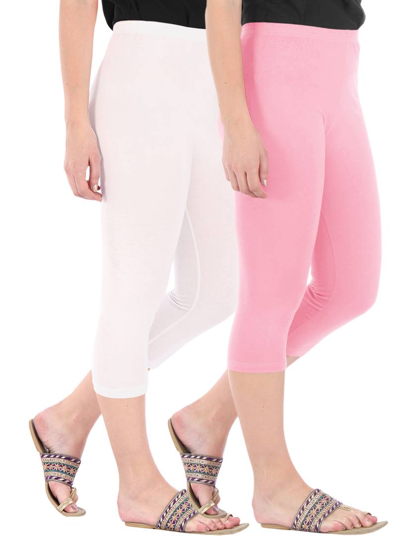 Stunning Cotton Blend Solid Skinny Fit Capris Leggings For Women And Girls - Pack Of 2