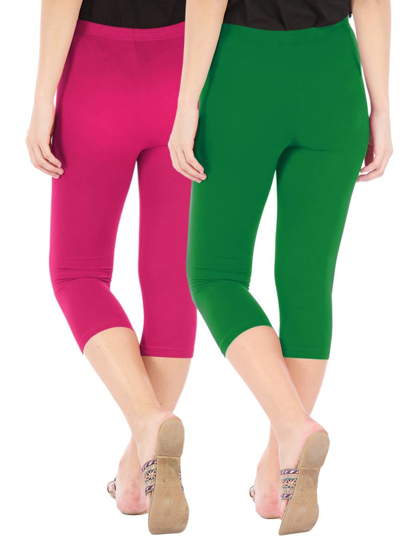 Stunning Cotton Blend Solid Skinny Fit Capris Leggings For Women And Girls - Pack Of 2