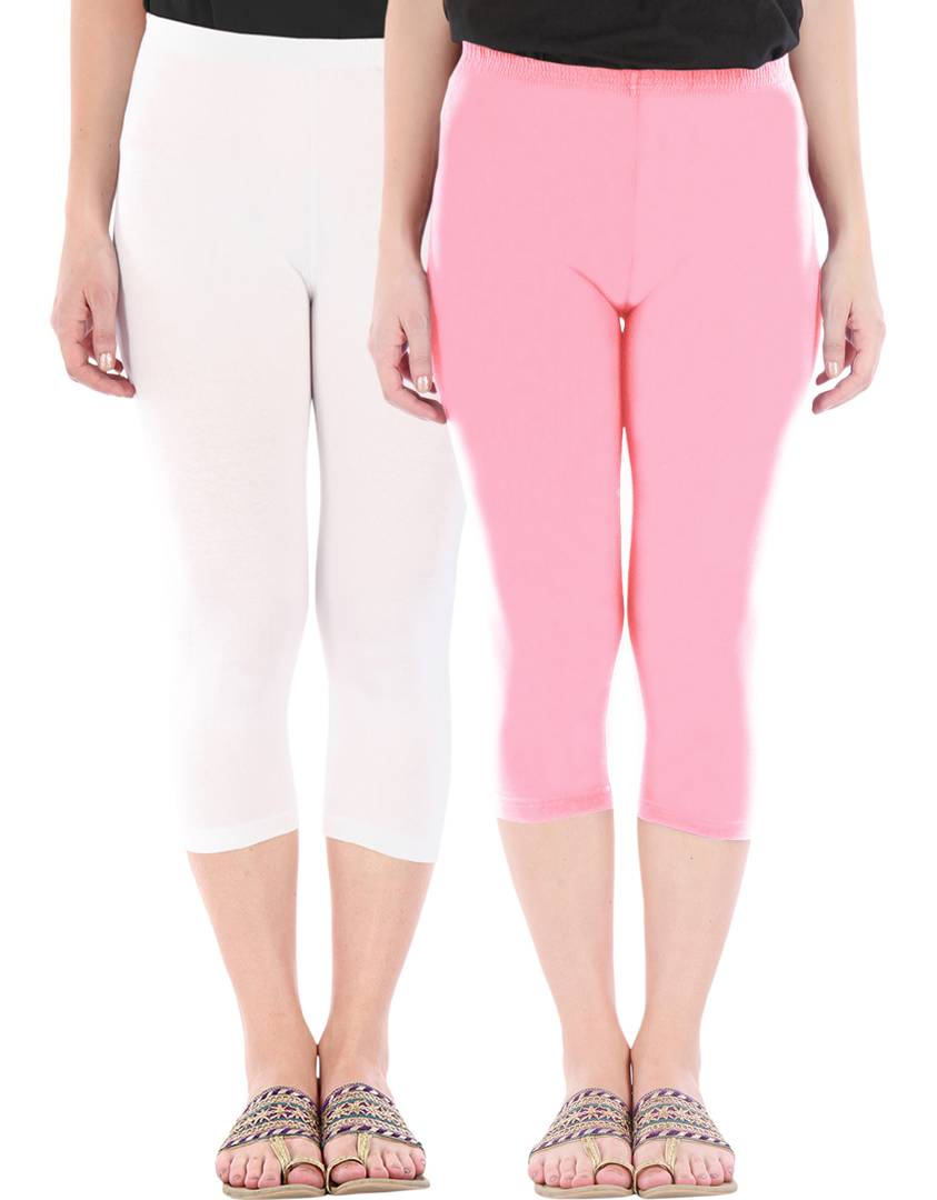 Stunning Cotton Blend Solid Skinny Fit Capris Leggings For Women And Girls - Pack Of 2