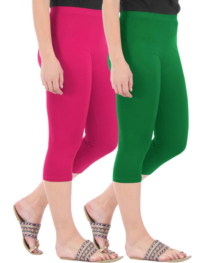 Stunning Cotton Blend Solid Skinny Fit Capris Leggings For Women And Girls - Pack Of 2