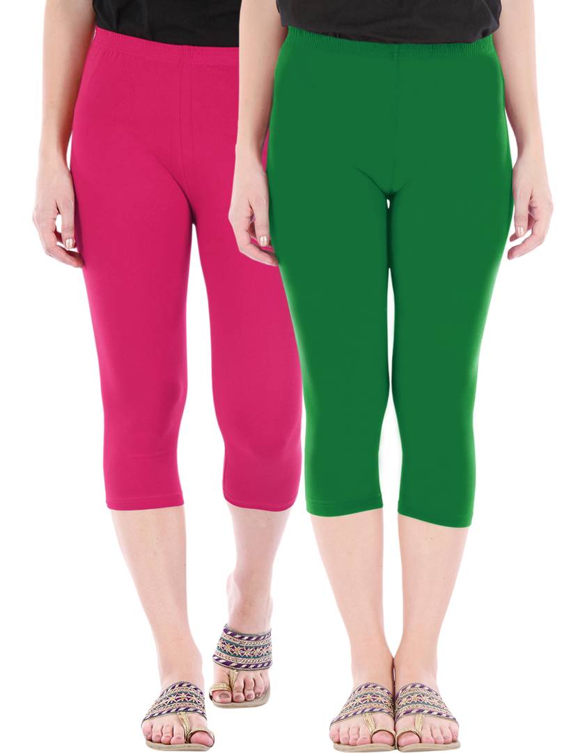 Stunning Cotton Blend Solid Skinny Fit Capris Leggings For Women And Girls - Pack Of 2
