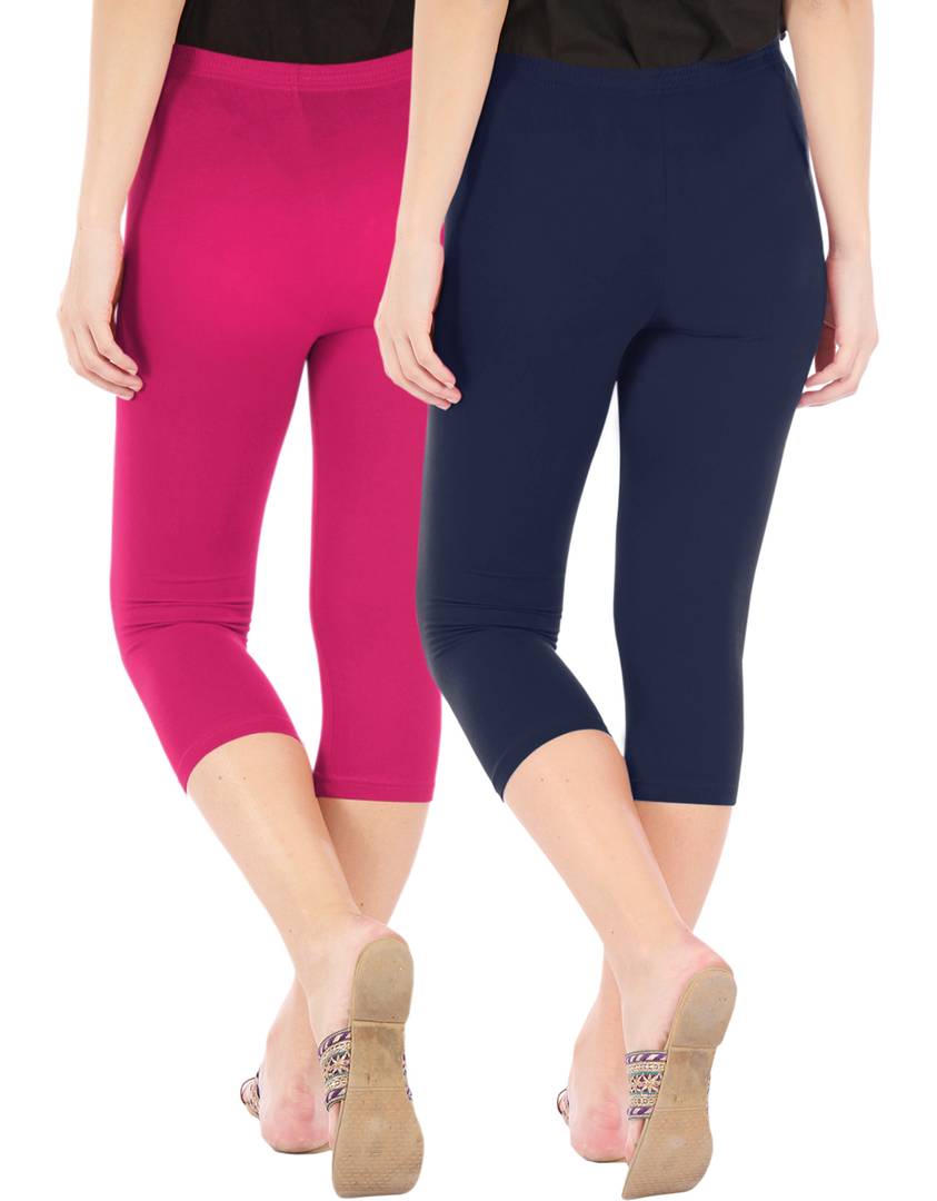 Stunning Cotton Blend Solid Skinny Fit Capris Leggings For Women And Girls - Pack Of 2