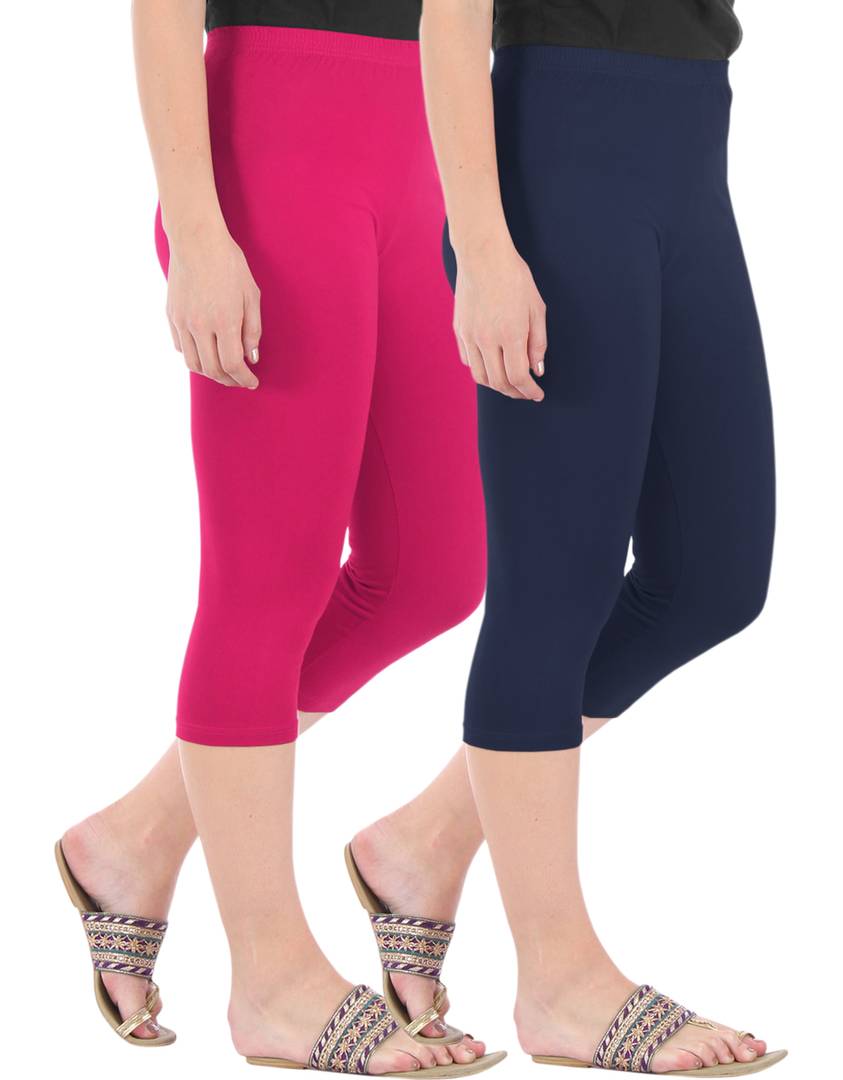 Stunning Cotton Blend Solid Skinny Fit Capris Leggings For Women And Girls - Pack Of 2
