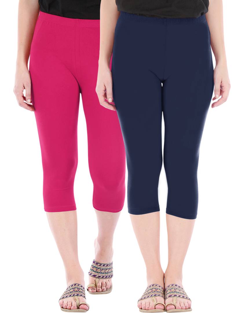 Stunning Cotton Blend Solid Skinny Fit Capris Leggings For Women And Girls - Pack Of 2