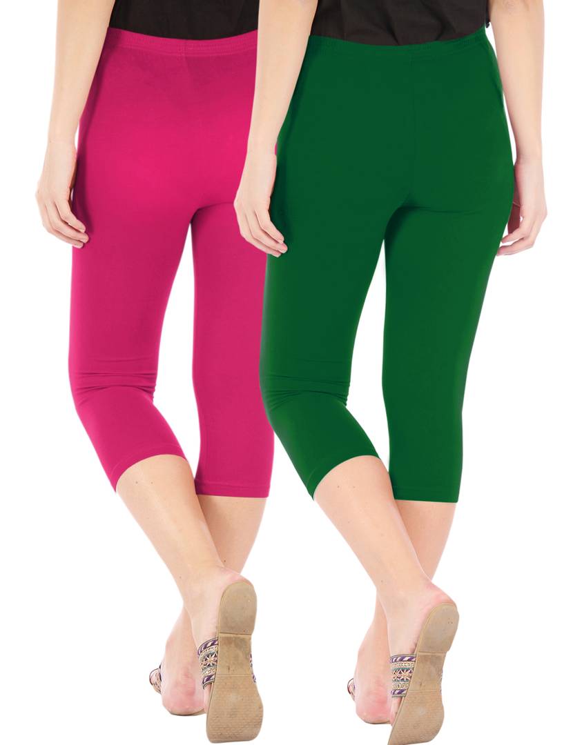 Stunning Cotton Blend Solid Skinny Fit Capris Leggings For Women And Girls - Pack Of 2