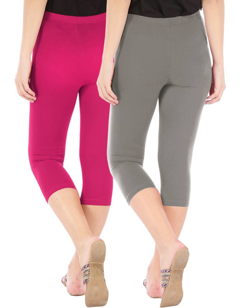 Stunning Cotton Blend Solid Skinny Fit Capris Leggings For Women And Girls - Pack Of 2