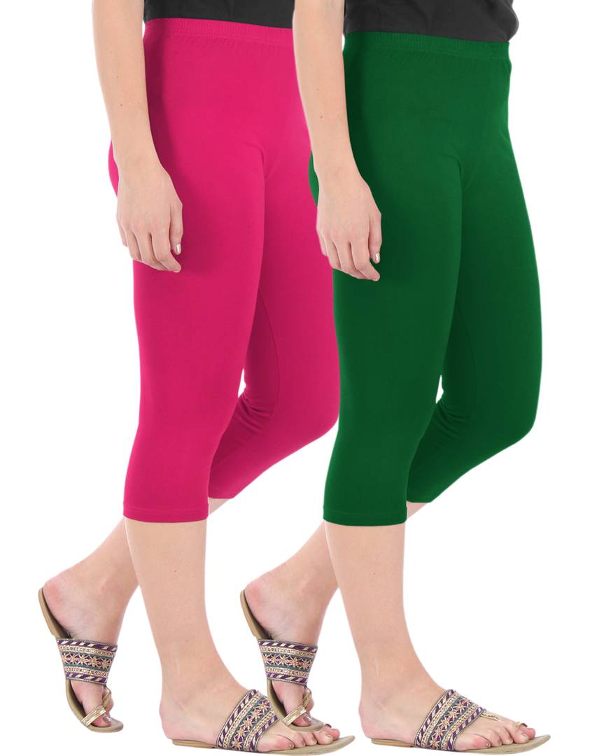 Stunning Cotton Blend Solid Skinny Fit Capris Leggings For Women And Girls - Pack Of 2