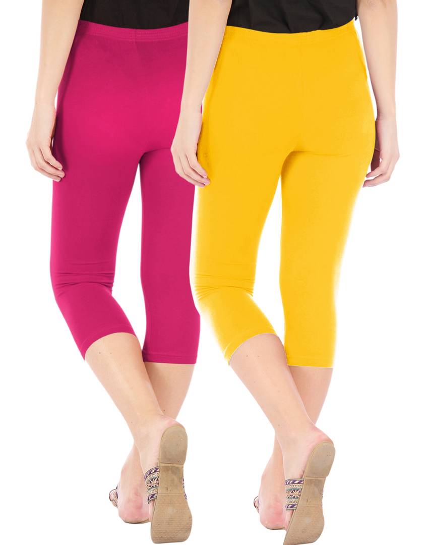 Stunning Cotton Blend Solid Skinny Fit Capris Leggings For Women And Girls - Pack Of 2