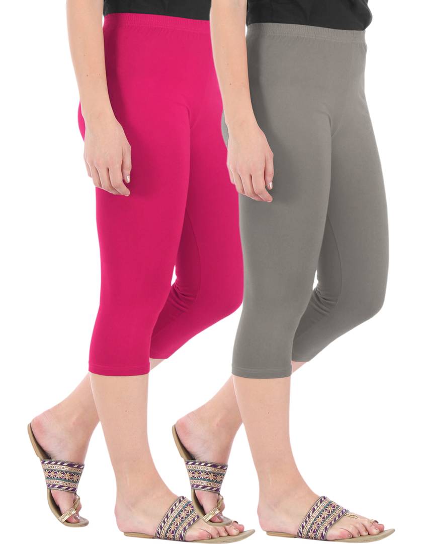Stunning Cotton Blend Solid Skinny Fit Capris Leggings For Women And Girls - Pack Of 2