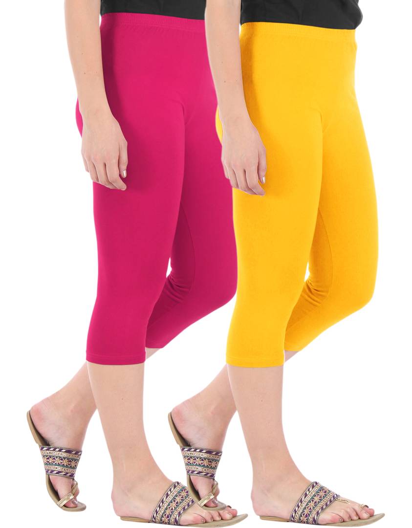 Stunning Cotton Blend Solid Skinny Fit Capris Leggings For Women And Girls - Pack Of 2