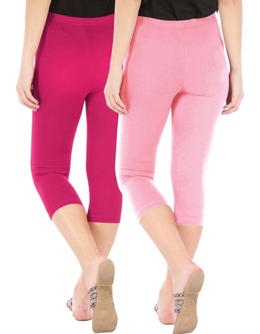 Stunning Cotton Blend Solid Skinny Fit Capris Leggings For Women And Girls - Pack Of 2
