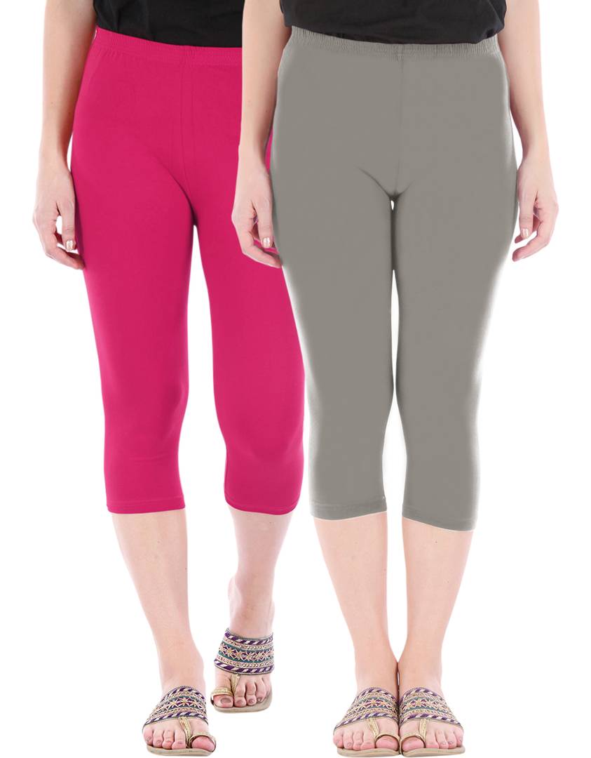Stunning Cotton Blend Solid Skinny Fit Capris Leggings For Women And Girls - Pack Of 2