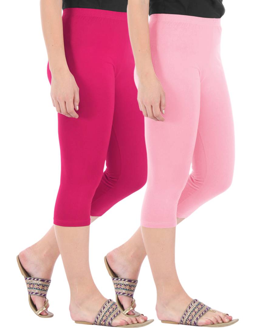Stunning Cotton Blend Solid Skinny Fit Capris Leggings For Women And Girls - Pack Of 2