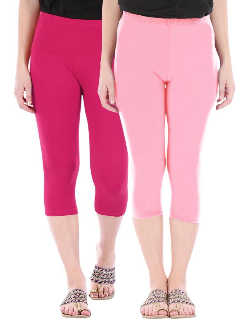 Stunning Cotton Blend Solid Skinny Fit Capris Leggings For Women And Girls - Pack Of 2