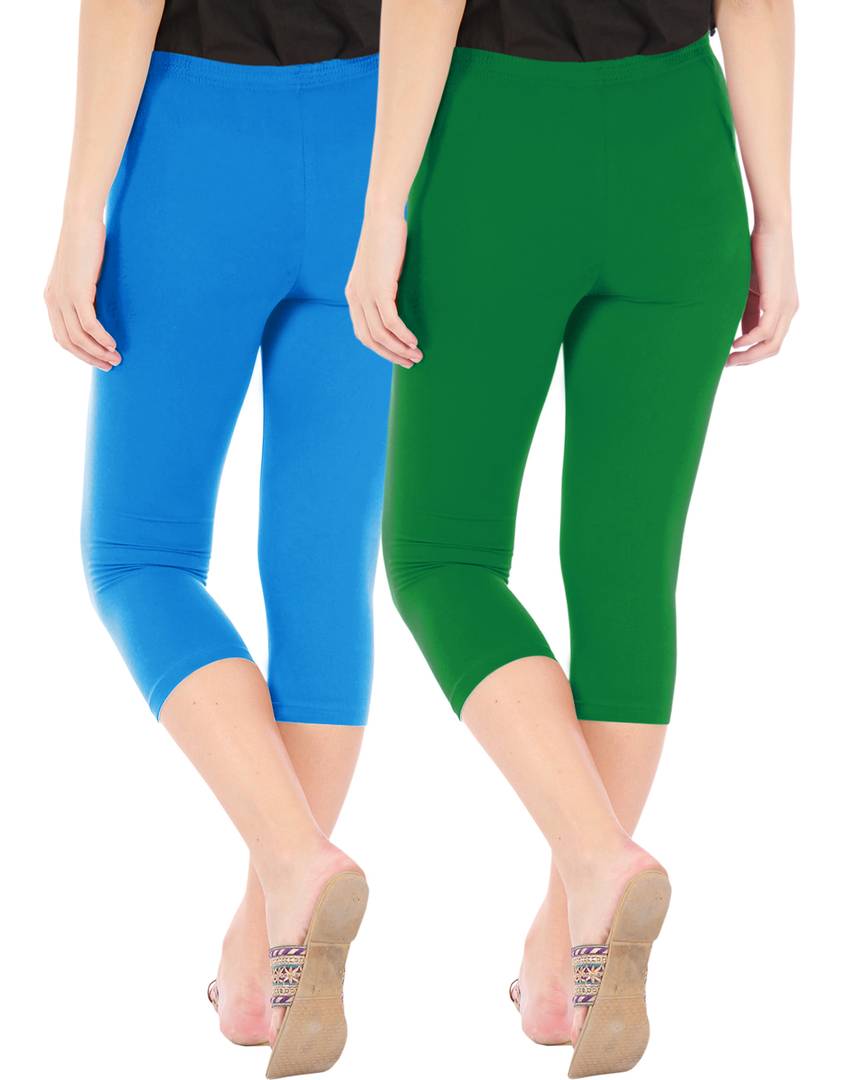Stunning Cotton Blend Solid Skinny Fit Capris Leggings For Women And Girls - Pack Of 2