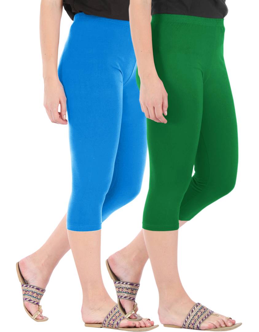 Stunning Cotton Blend Solid Skinny Fit Capris Leggings For Women And Girls - Pack Of 2