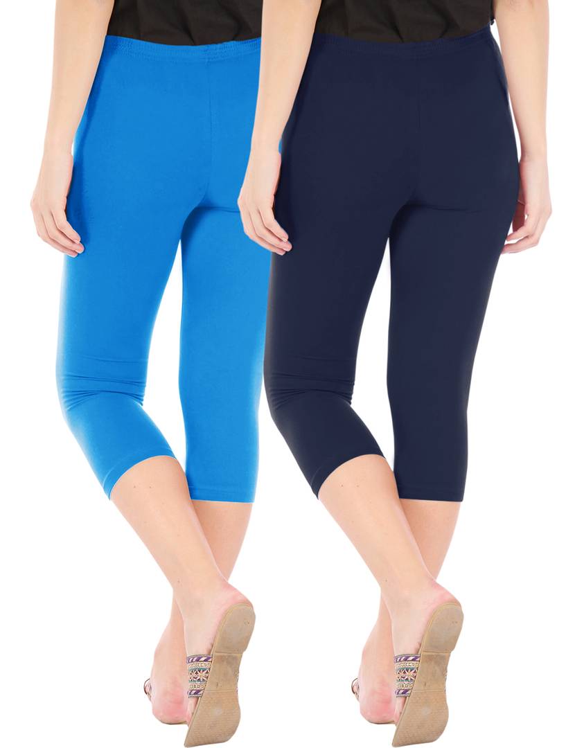 Stunning Cotton Blend Solid Skinny Fit Capris Leggings For Women And Girls - Pack Of 2