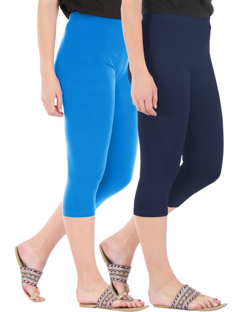 Stunning Cotton Blend Solid Skinny Fit Capris Leggings For Women And Girls - Pack Of 2
