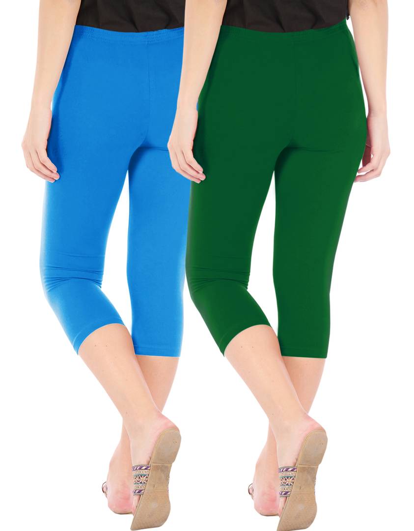 Stunning Cotton Blend Solid Skinny Fit Capris Leggings For Women And Girls - Pack Of 2