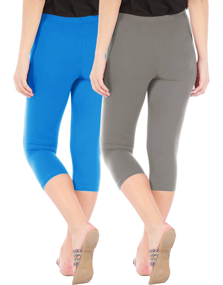 Stunning Cotton Blend Solid Skinny Fit Capris Leggings For Women And Girls - Pack Of 2