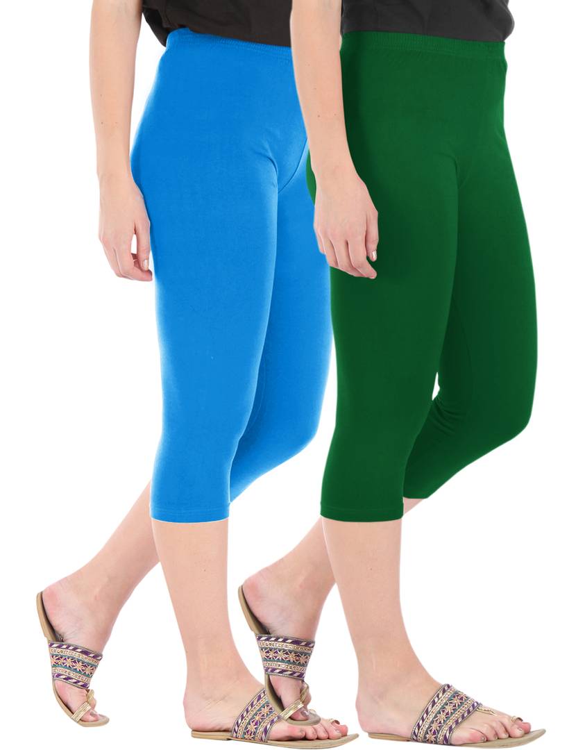 Stunning Cotton Blend Solid Skinny Fit Capris Leggings For Women And Girls - Pack Of 2