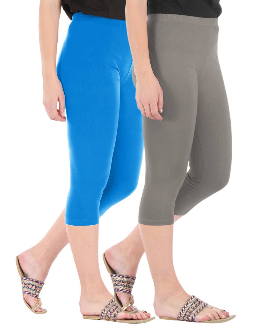 Stunning Cotton Blend Solid Skinny Fit Capris Leggings For Women And Girls - Pack Of 2