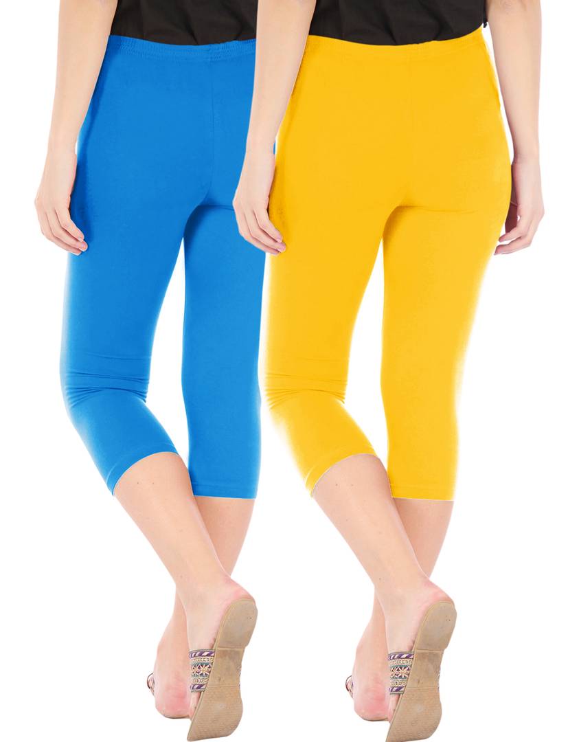 Stunning Cotton Blend Solid Skinny Fit Capris Leggings For Women And Girls - Pack Of 2