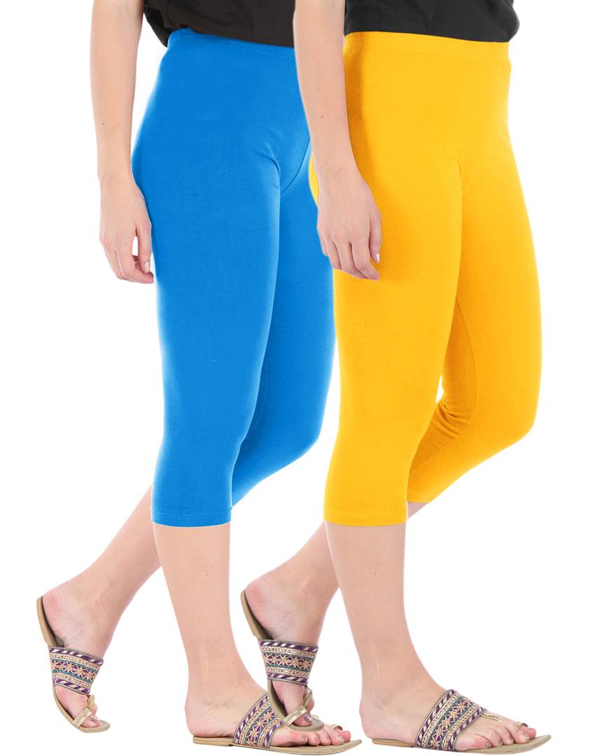 Stunning Cotton Blend Solid Skinny Fit Capris Leggings For Women And Girls - Pack Of 2