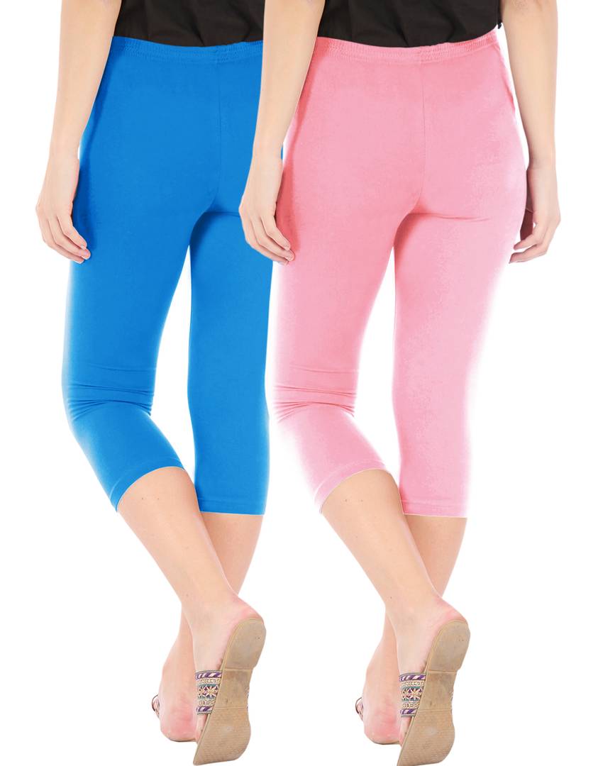 Stunning Cotton Blend Solid Skinny Fit Capris Leggings For Women And Girls - Pack Of 2