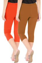 Load image into Gallery viewer, Combo Pack of 2 Skinny Fit 3/4 Capris Leggings for Women Flame Orange Khaki