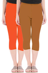 Combo Pack of 2 Skinny Fit 3/4 Capris Leggings for Women Flame Orange Khaki