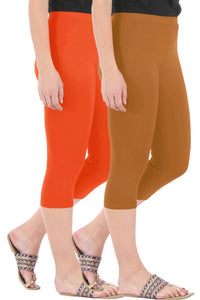 Combo Pack of 2 Skinny Fit 3/4 Capris Leggings for Women Flame Orange Khaki
