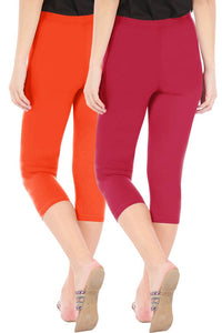 Combo Pack of 2 Skinny Fit 3/4 Capris Leggings for Women Flame Orange Tomato Red
