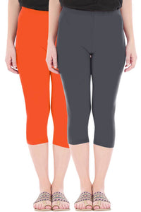 Combo Pack of 2 Skinny Fit 3/4 Capris Leggings for Women Flame Orange Grey