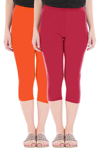 Combo Pack of 2 Skinny Fit 3/4 Capris Leggings for Women Flame Orange Tomato Red