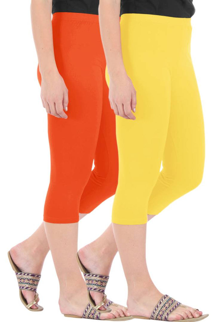 Combo Pack of 2 Skinny Fit 3/4 Capris Leggings for Women Flame Orange Lemon Yellow